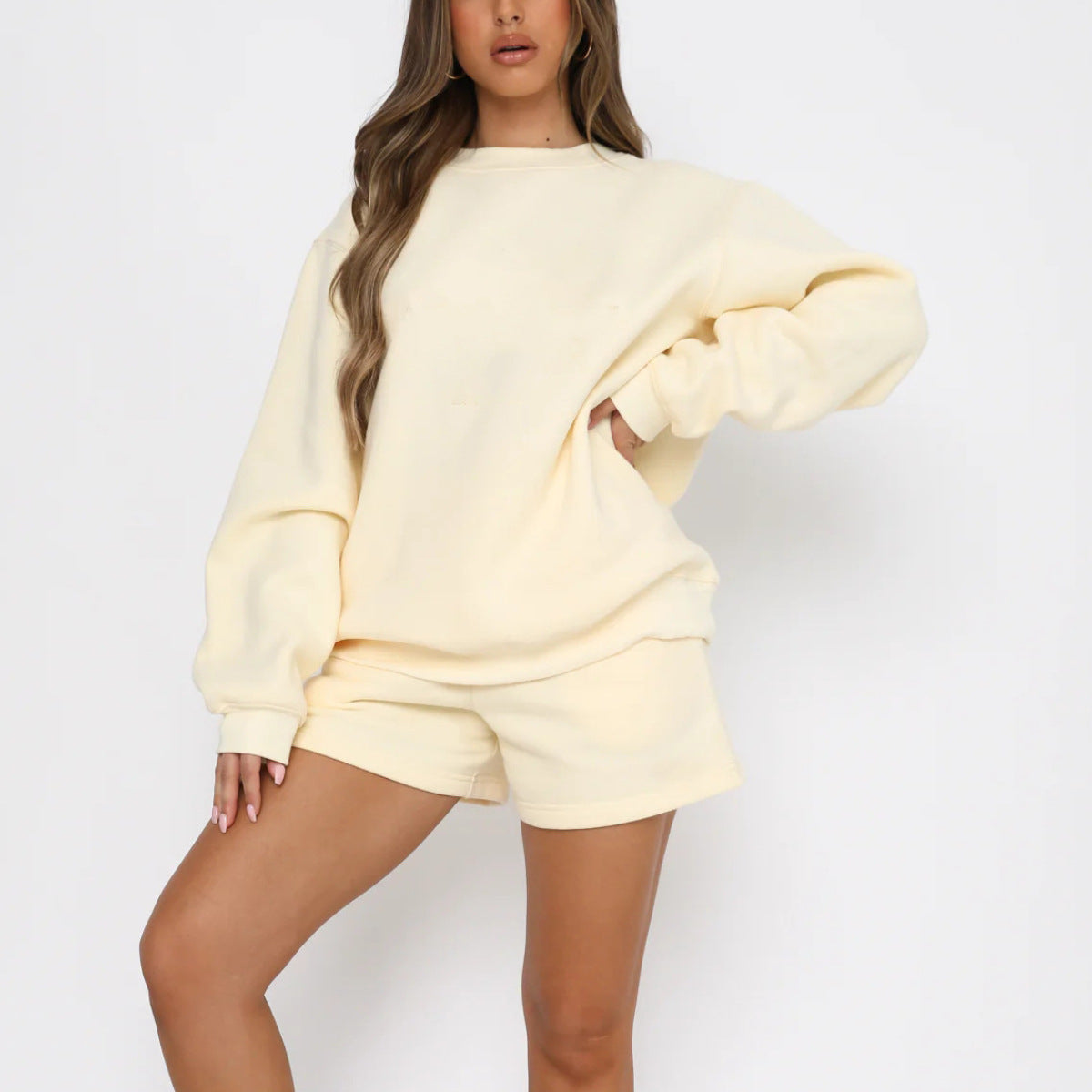 Solid Color Loose Easiest for Match Casual Round Neck Sweatshirt Shorts Set
