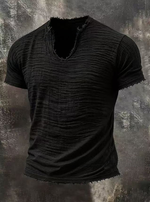 Solid Color Men's Retro Cotton and Linen Fringed Special V-Neck T-Shirt