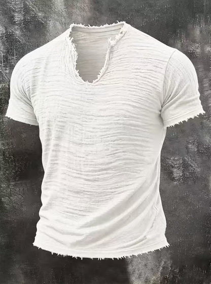 Solid Color Men's Retro Cotton and Linen Fringed Special V-Neck T-Shirt