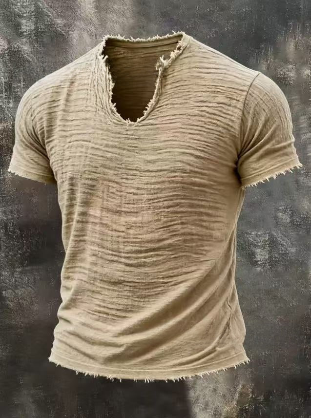 Solid Color Men's Retro Cotton and Linen Fringed Special V-Neck T-Shirt