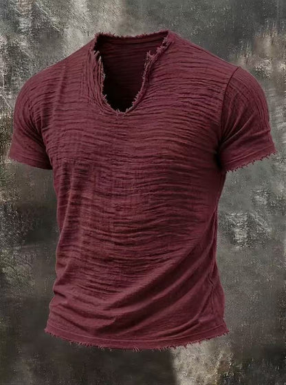 Solid Color Men's Retro Cotton and Linen Fringed Special V-Neck T-Shirt