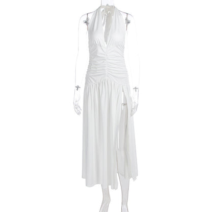 Solid-color neckline slit dress