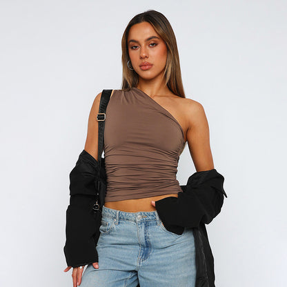 Solid-color one-shoulder backless top