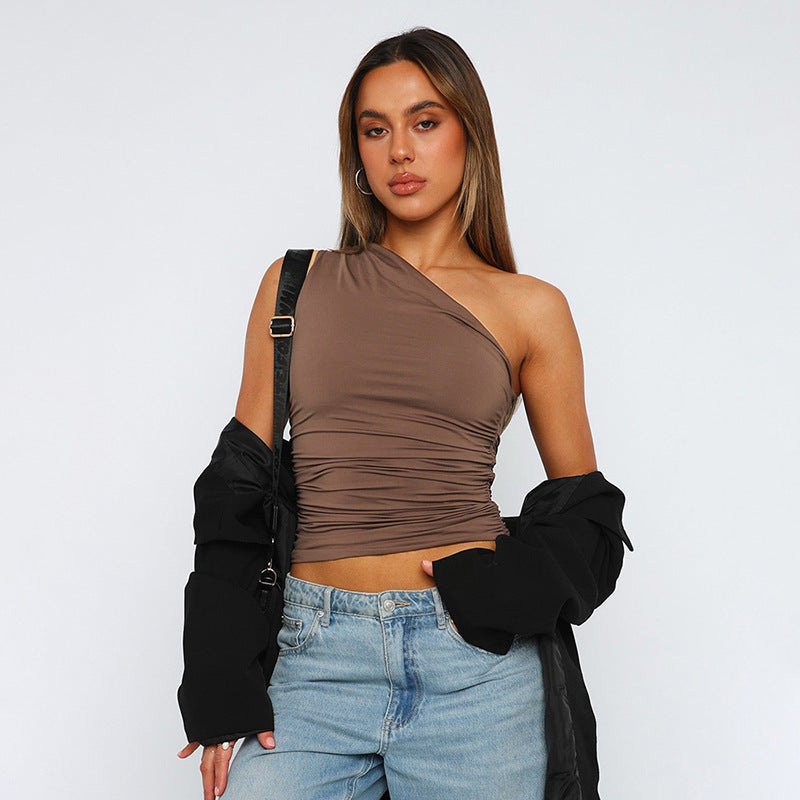 Solid-color one-shoulder backless top