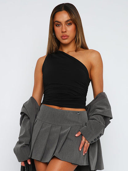 Solid-color one-shoulder backless top