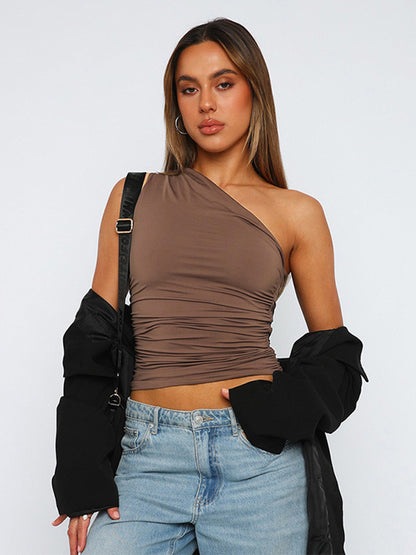 Solid-color one-shoulder backless top