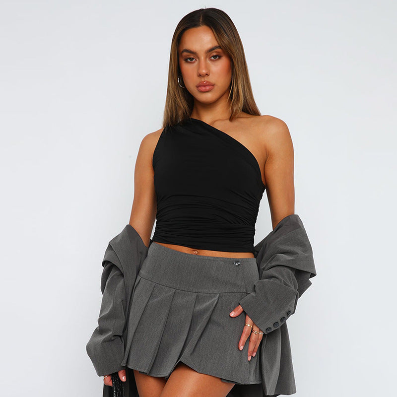Solid-color one-shoulder backless top