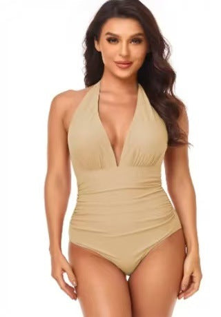 solid color pleated neck bikini