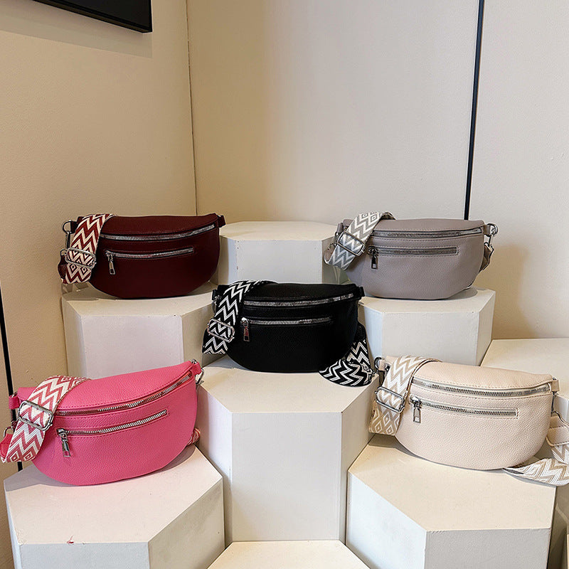 Solid-color PU wide shoulder strap single-shoulder bag