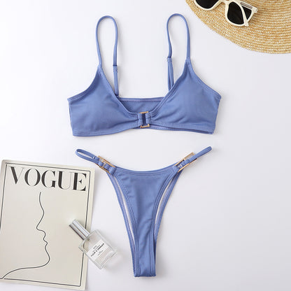 Solid Color Ribbed Bikini Set for Women