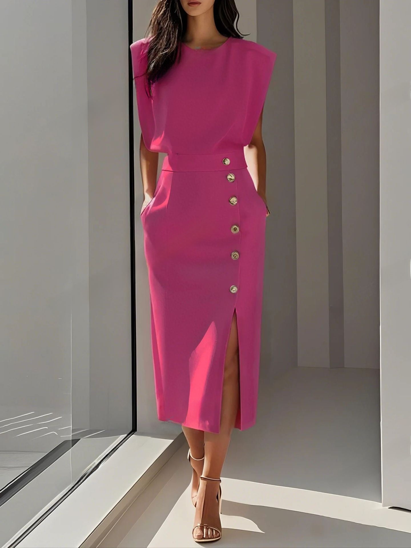 Solid color round neck fitted waist dress