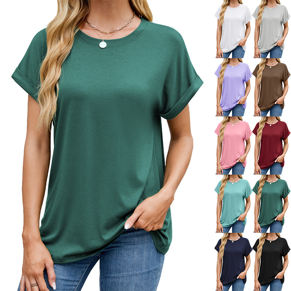 Solid color round neck loose short sleeve T-shirt
