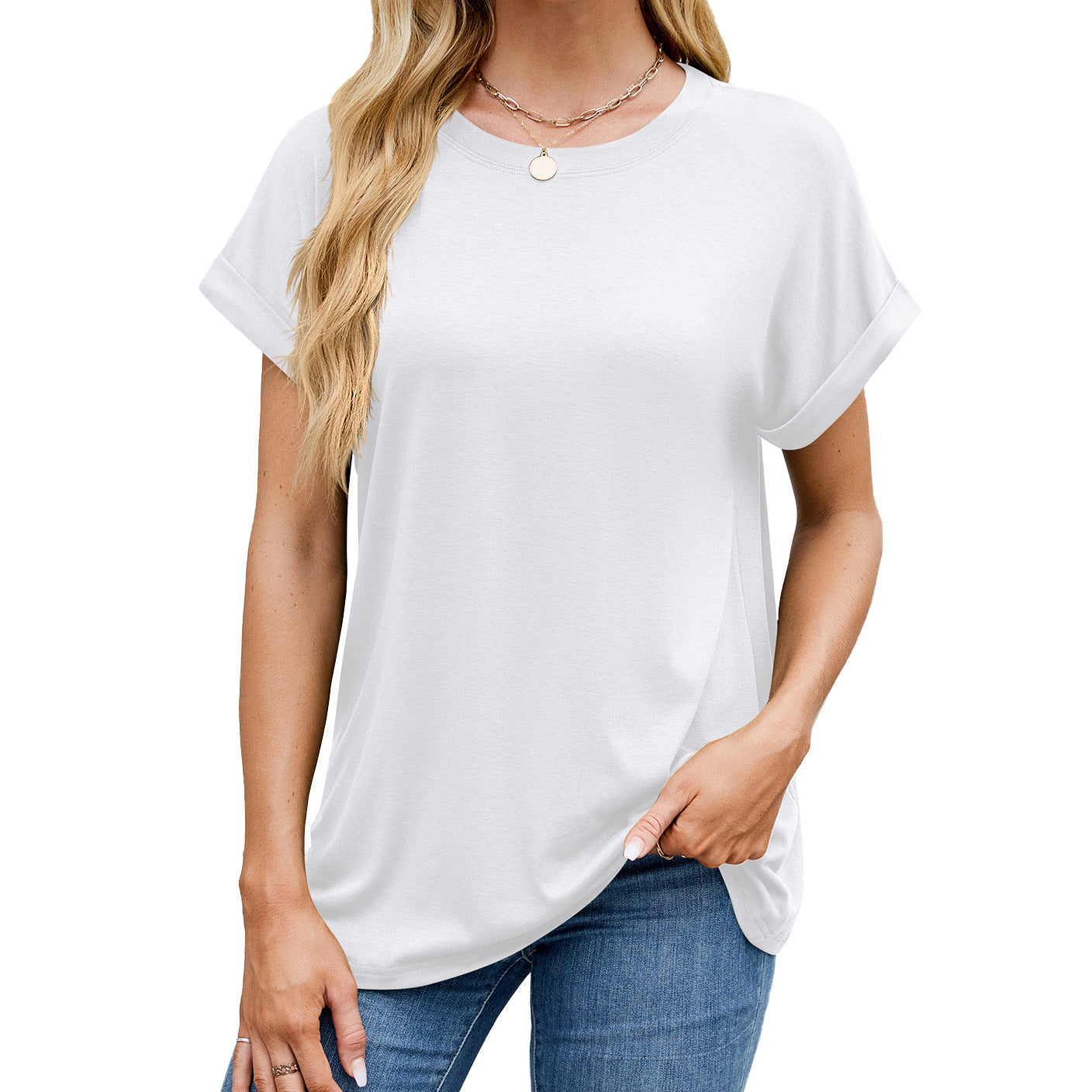Solid color round neck loose short sleeve T-shirt