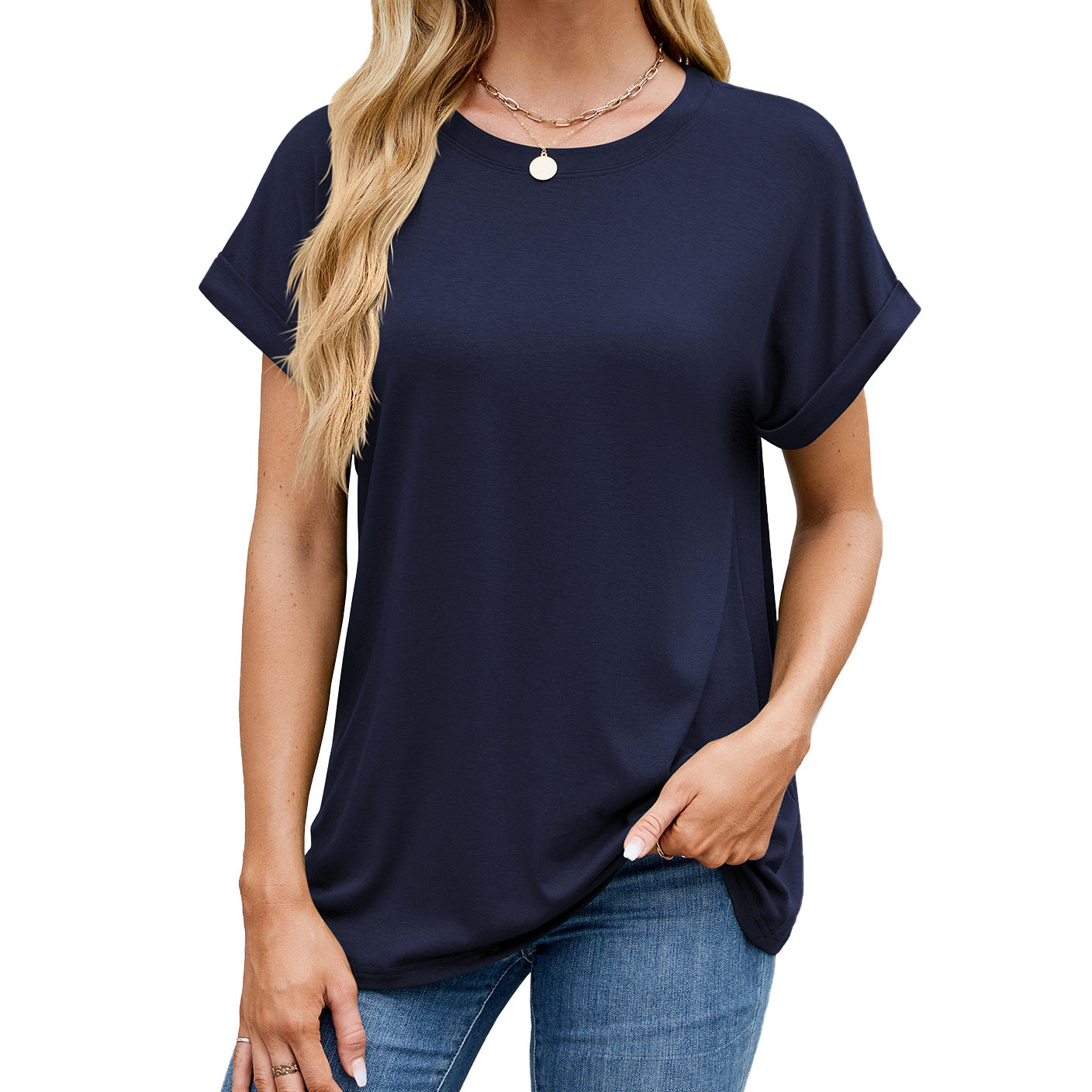 Solid color round neck loose short sleeve T-shirt