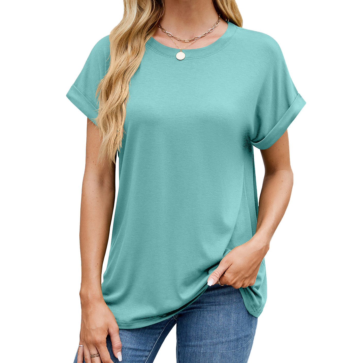 Solid color round neck loose short sleeve T-shirt