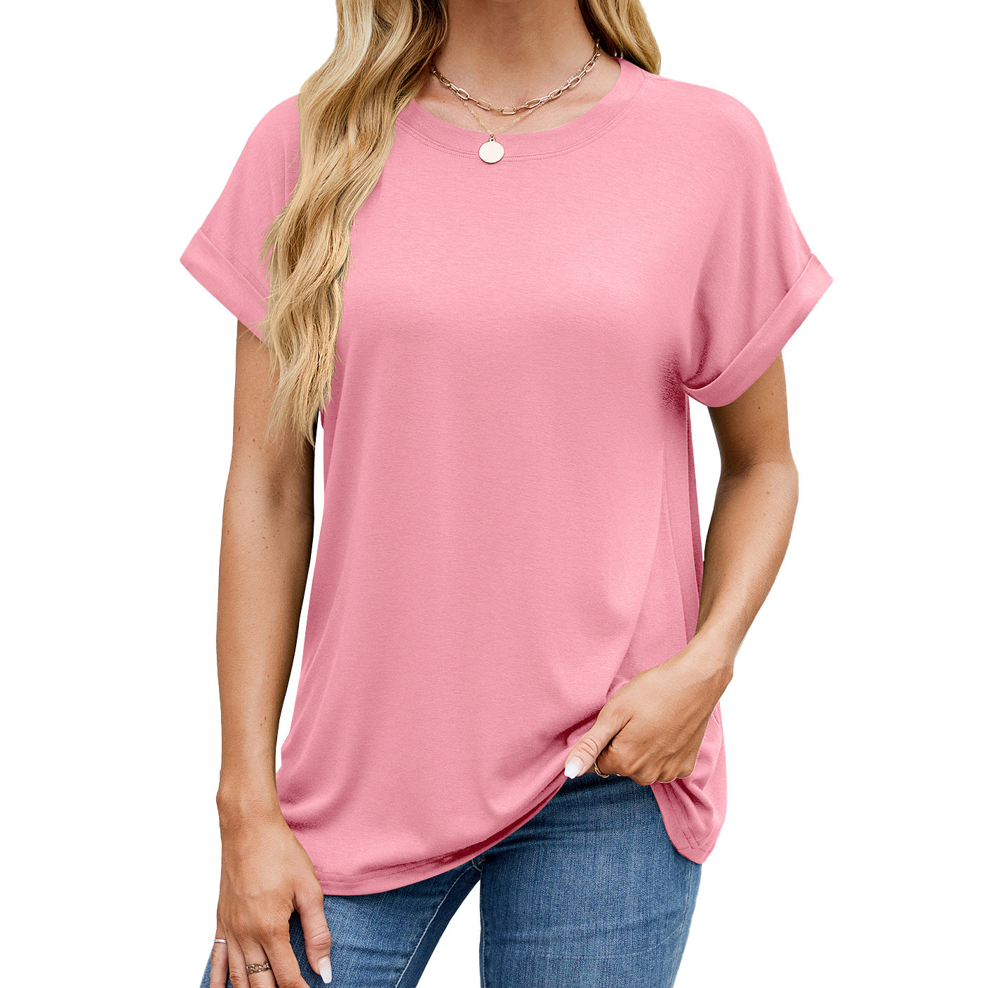 Solid color round neck loose short sleeve T-shirt