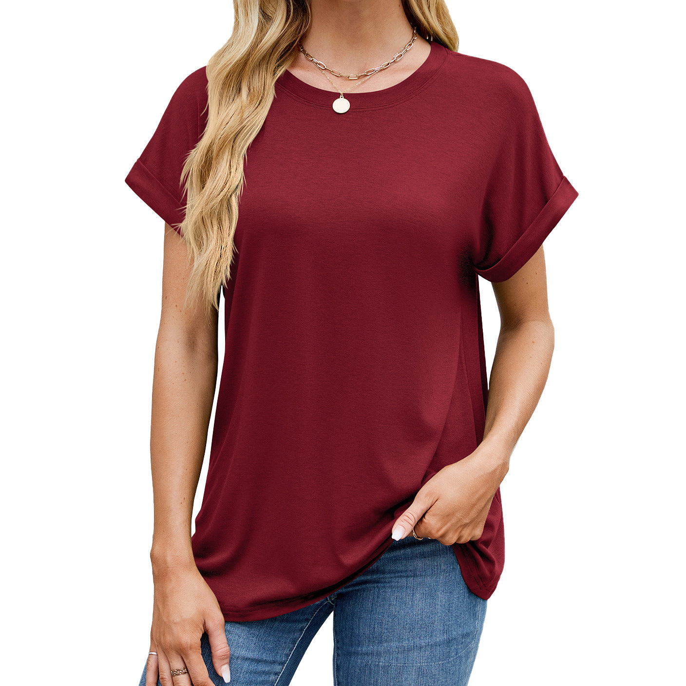 Solid color round neck loose short sleeve T-shirt