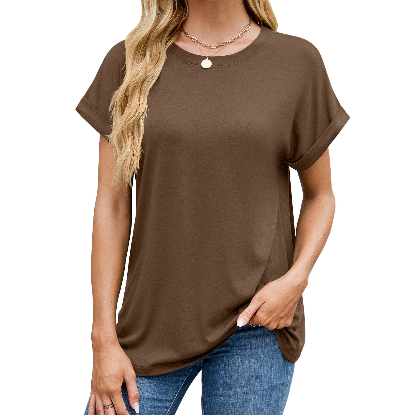 Solid color round neck loose short sleeve T-shirt