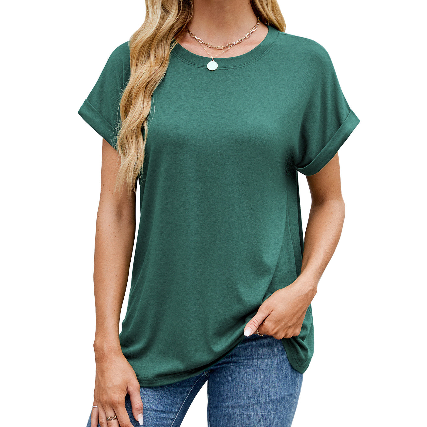 Solid color round neck loose short sleeve T-shirt