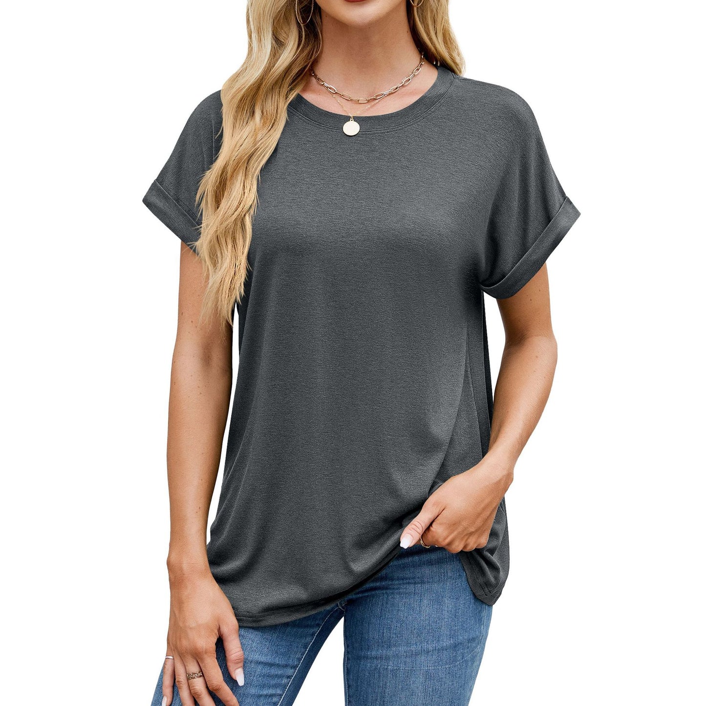 Solid color round neck loose short sleeve T-shirt
