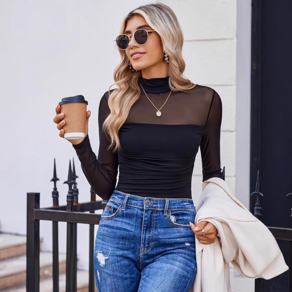 Solid-color round-neck mesh fabric patchwork see-through top