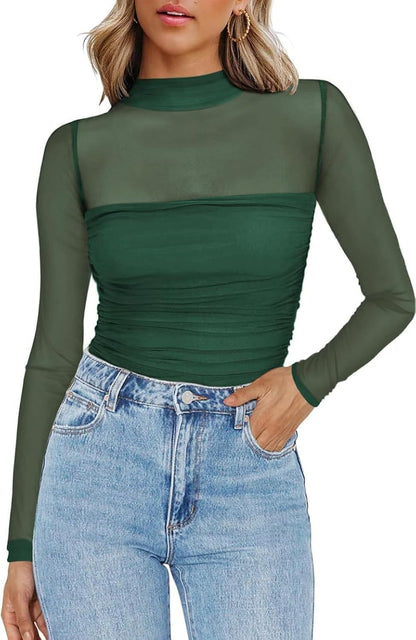 Solid-color round-neck mesh fabric patchwork see-through top