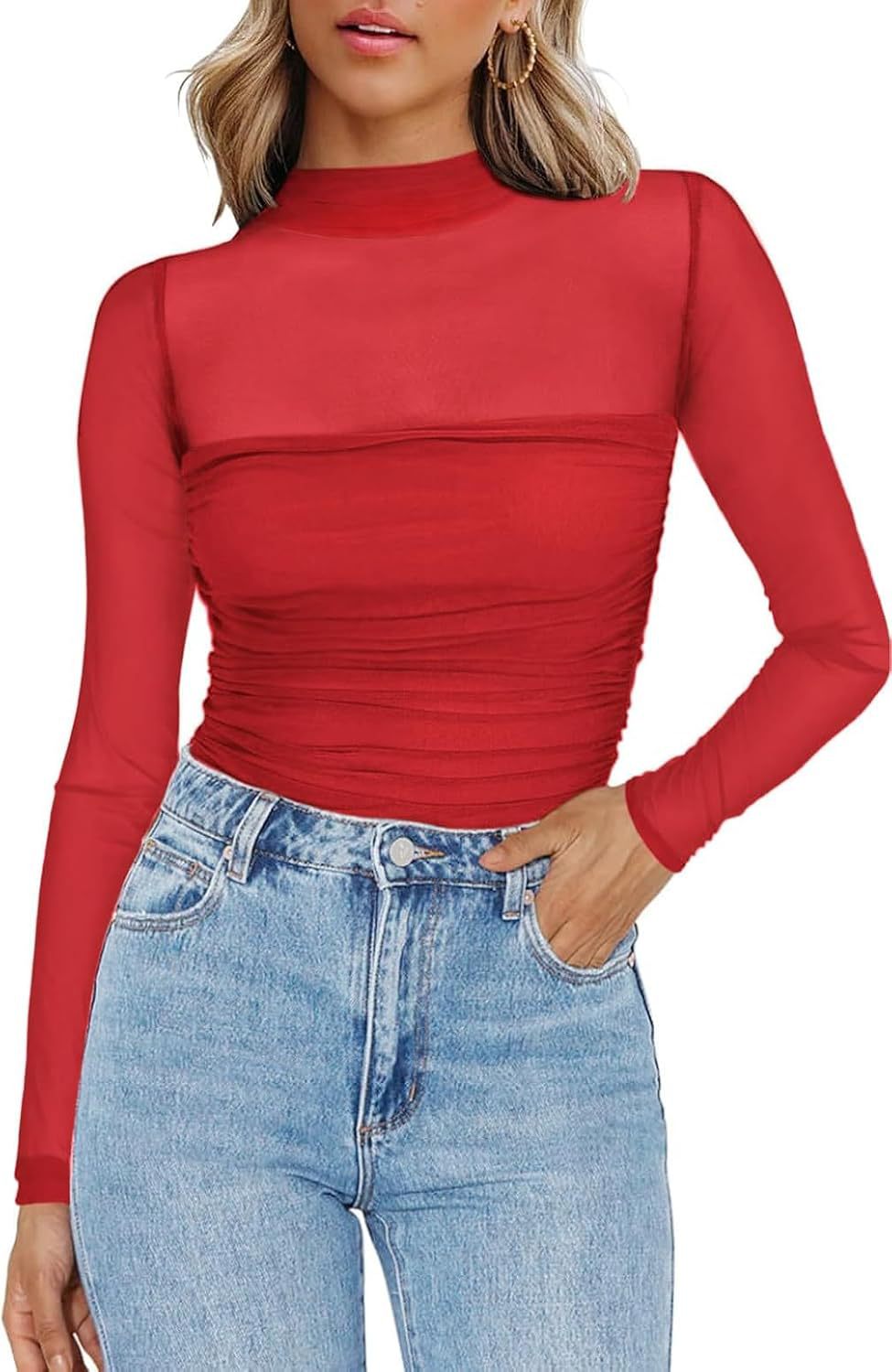 Solid-color round-neck mesh fabric patchwork see-through top