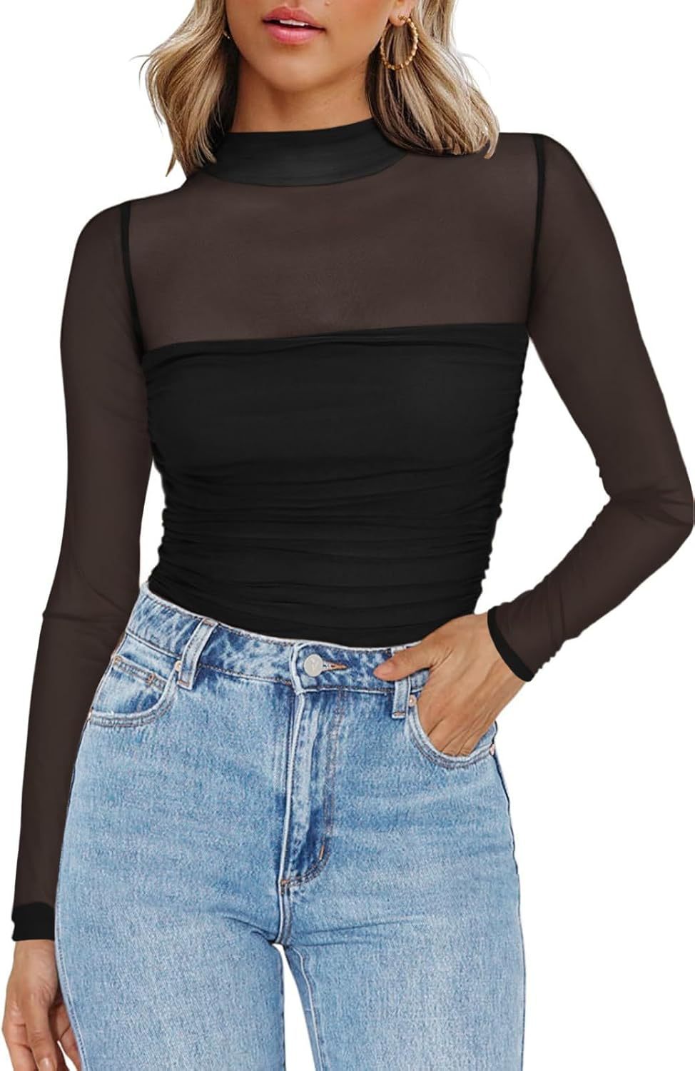 Solid-color round-neck mesh fabric patchwork see-through top