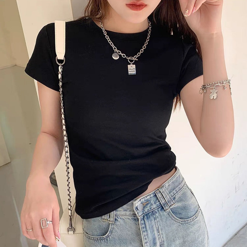 Solid-color round-neck short-sleeved T-shirt