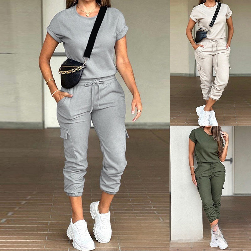 solid color round neck top multi-pocket pants suit
