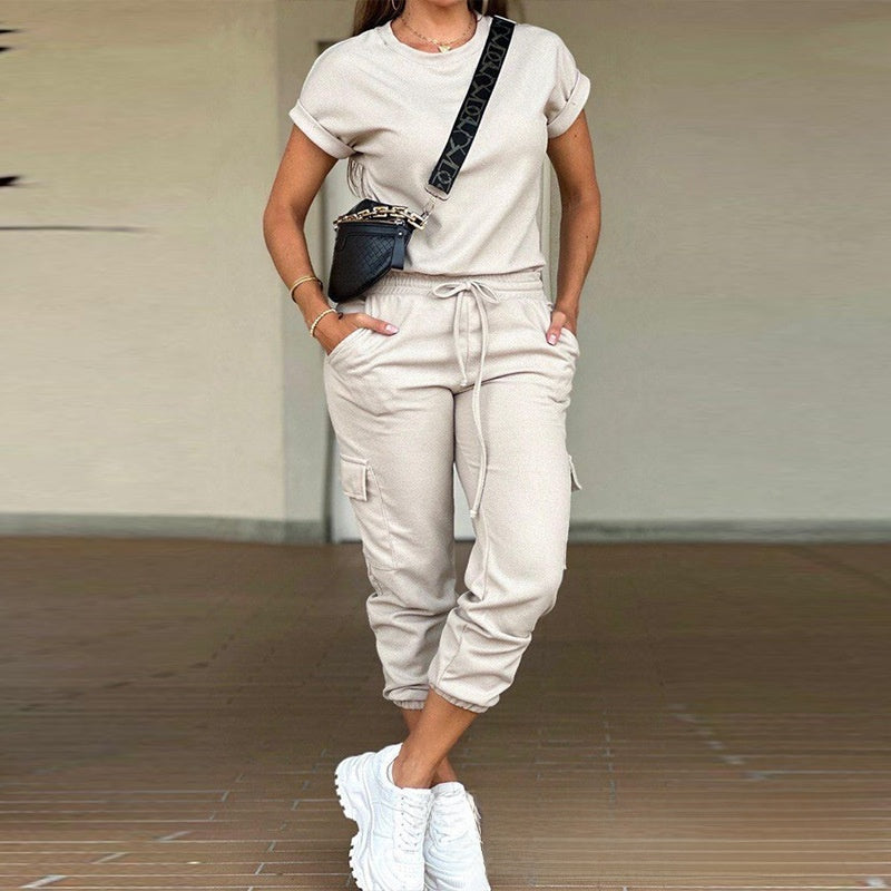 solid color round neck top multi-pocket pants suit