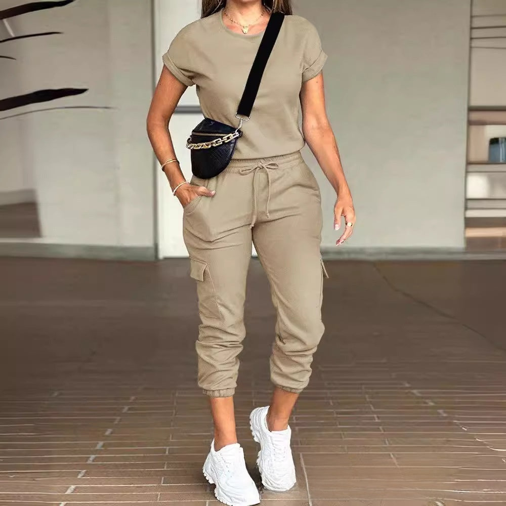 solid color round neck top multi-pocket pants suit