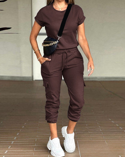 solid color round neck top multi-pocket pants suit