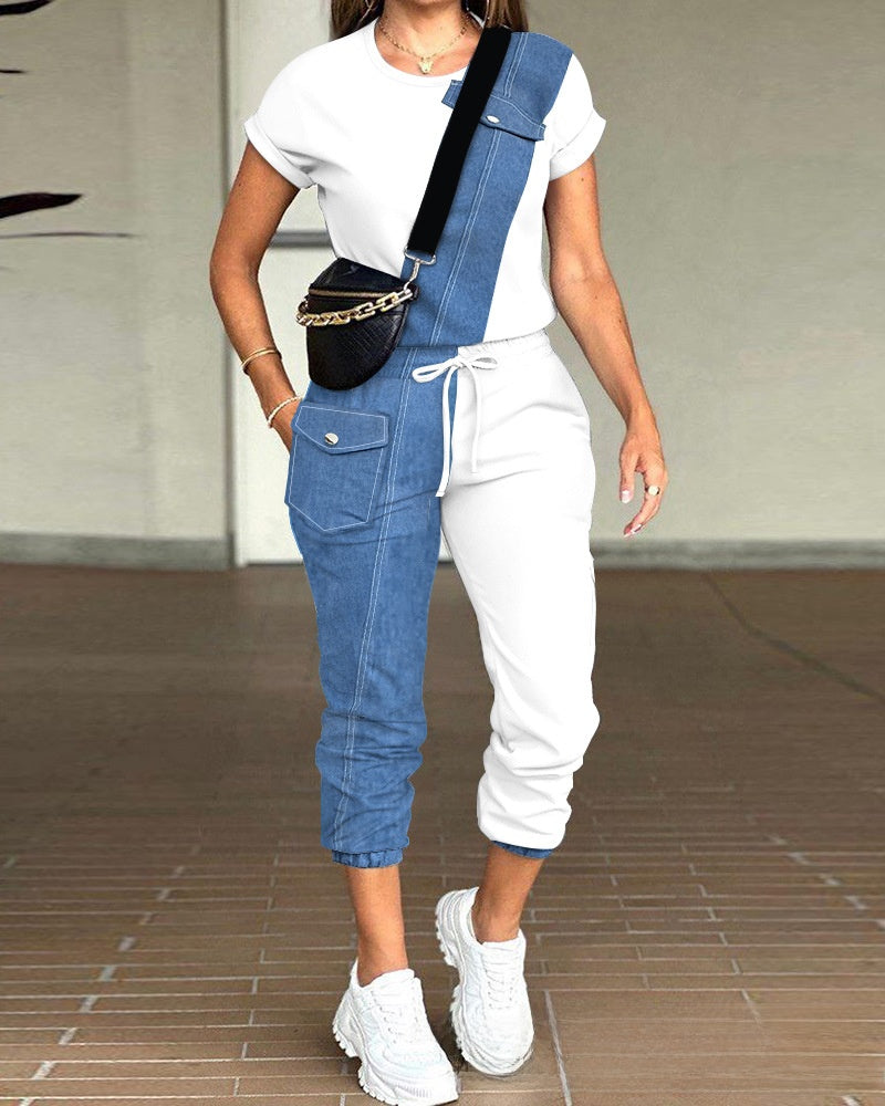 solid color round neck top multi-pocket pants suit