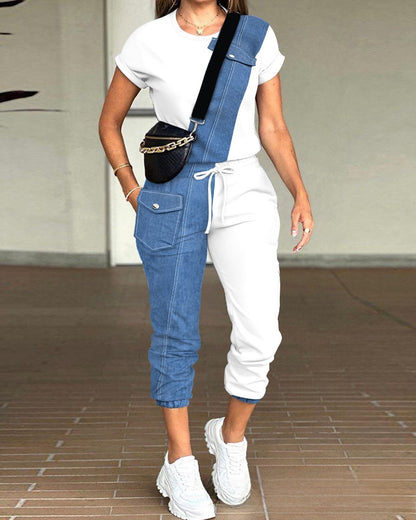 solid color round neck top multi-pocket pants suit