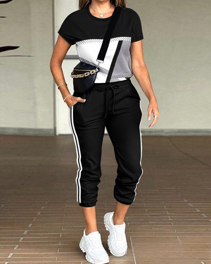 solid color round neck top multi-pocket pants suit