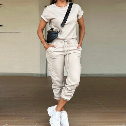 solid color round neck top multi-pocket pants suit