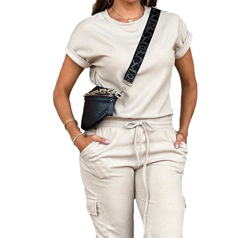 solid color round neck top multi-pocket pants suit