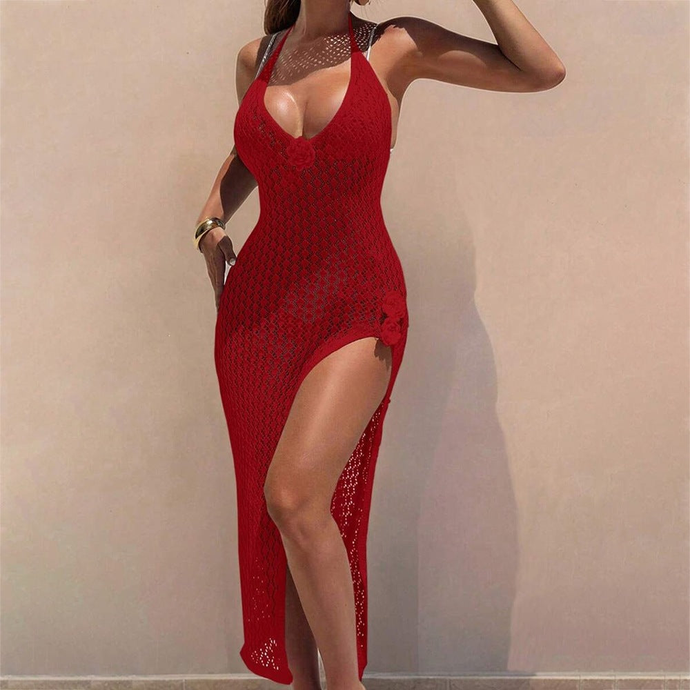 Solid-color Sexy Knitted Crochet Cover-up Bikini Swimwear Beach Dress for Women