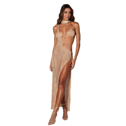 Solid-color sexy slit knitted beach dress