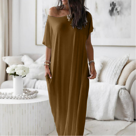 solid color short sleeve long casual dress