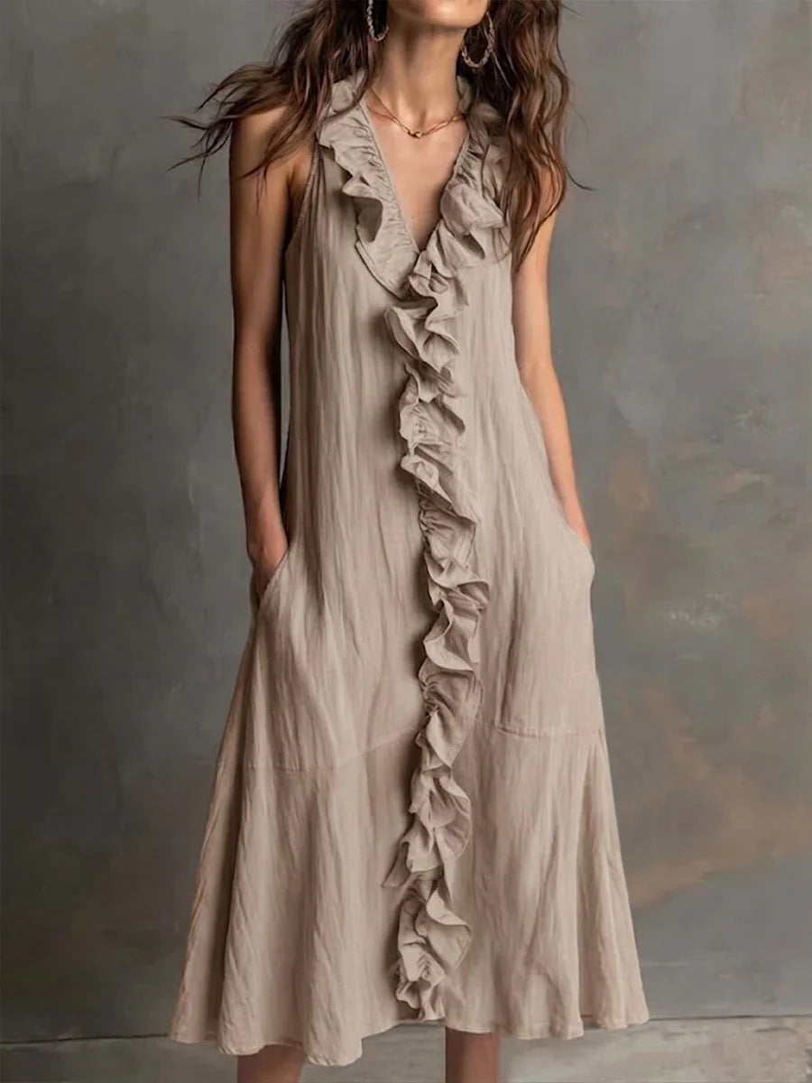 Solid Color Sleeveless Cotton-Linen V-Neck Flared Ruffle Dress