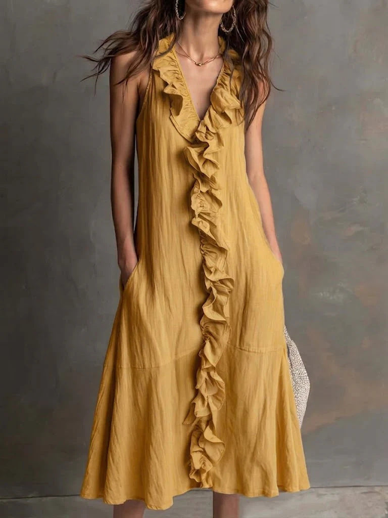 Solid Color Sleeveless Cotton-Linen V-Neck Flared Ruffle Dress