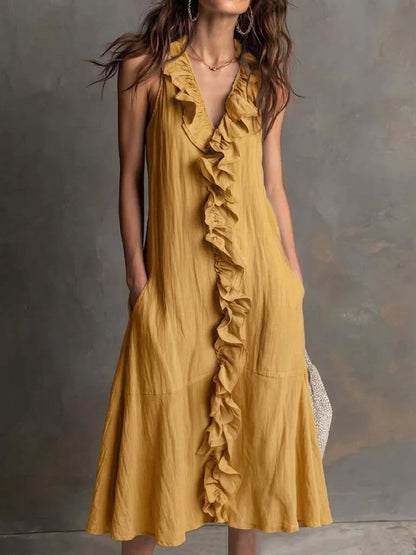 Solid Color Sleeveless Cotton-Linen V-Neck Flared Ruffle Dress