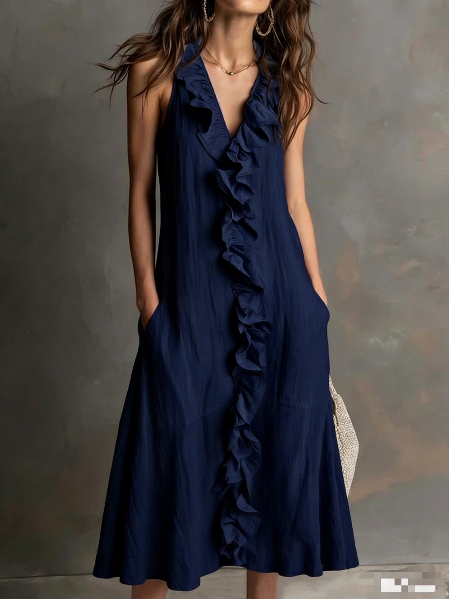 Solid Color Sleeveless Cotton-Linen V-Neck Flared Ruffle Dress