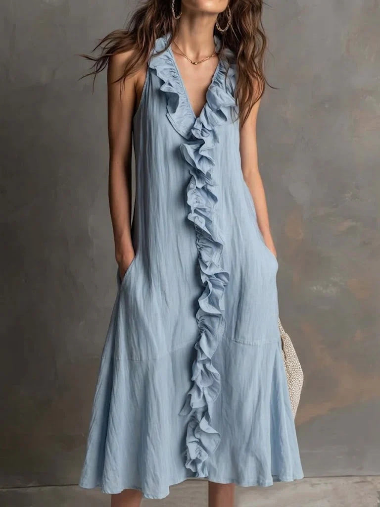 Solid Color Sleeveless Cotton-Linen V-Neck Flared Ruffle Dress