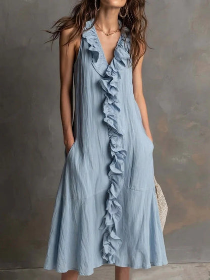 Solid Color Sleeveless Cotton-Linen V-Neck Flared Ruffle Dress