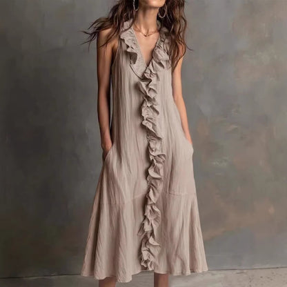 Solid Color Sleeveless Cotton-Linen V-Neck Flared Ruffle Dress
