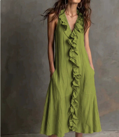 Solid Color Sleeveless Cotton-Linen V-Neck Flared Ruffle Dress