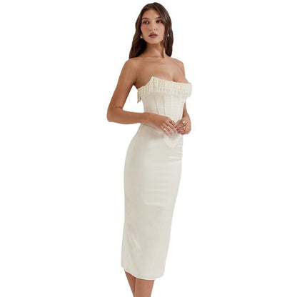 Solid-color sleeveless off-the-shoulder women's dress